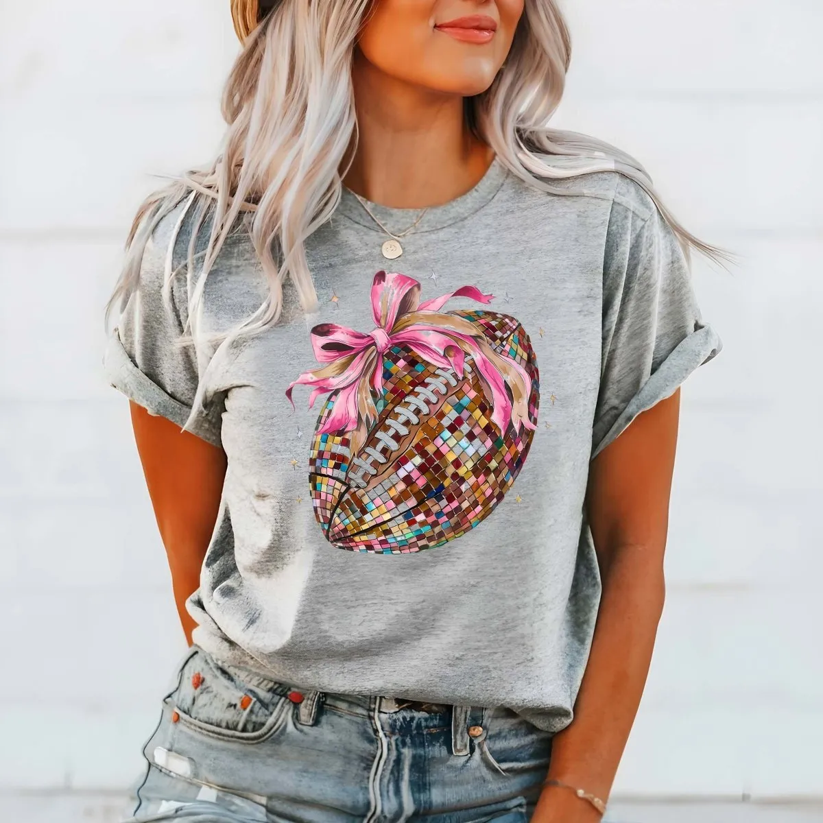 Disco Football Bow Bella Wholesale Graphic Tee - Coquette Bow Viral