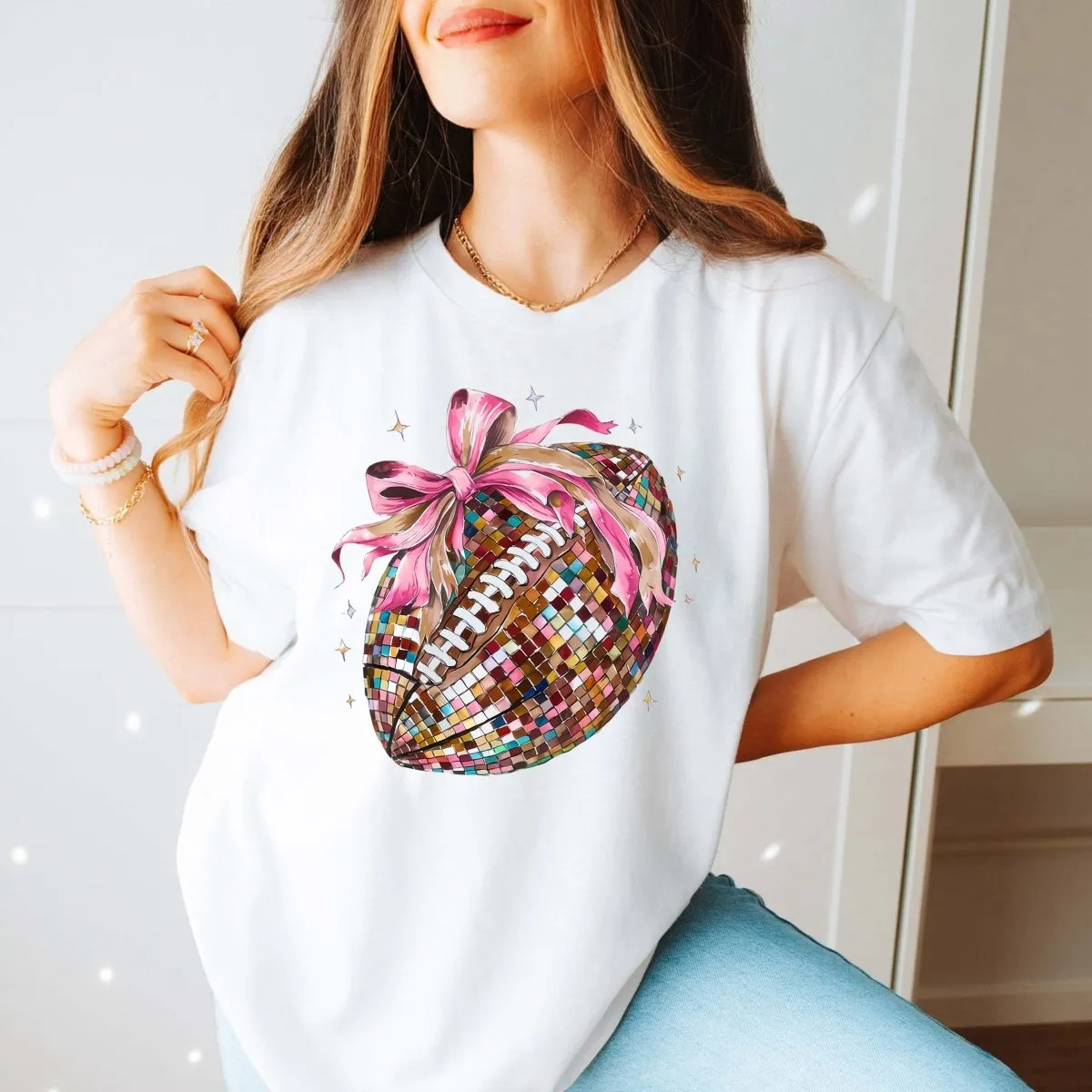 Disco Football Bow Bella Wholesale Graphic Tee - Coquette Bow Viral