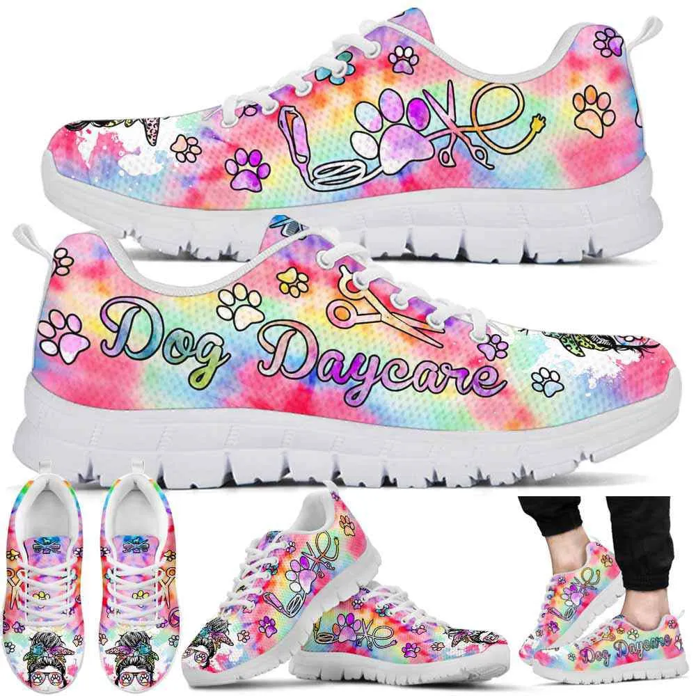 Dog Daycare Tie Dye Love Heart Sneakers Shoes, Dog Print Shoes, Best Running Shoes, Unique Gifts For Dog Lovers