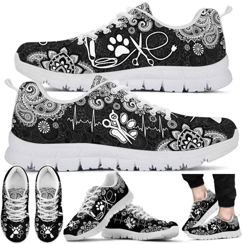 Dog Groomer Sneaker, Black White Mandala Dog Groomer Sneakers Shoes, Best Running Shoes, Unique Gifts For Dog Lovers