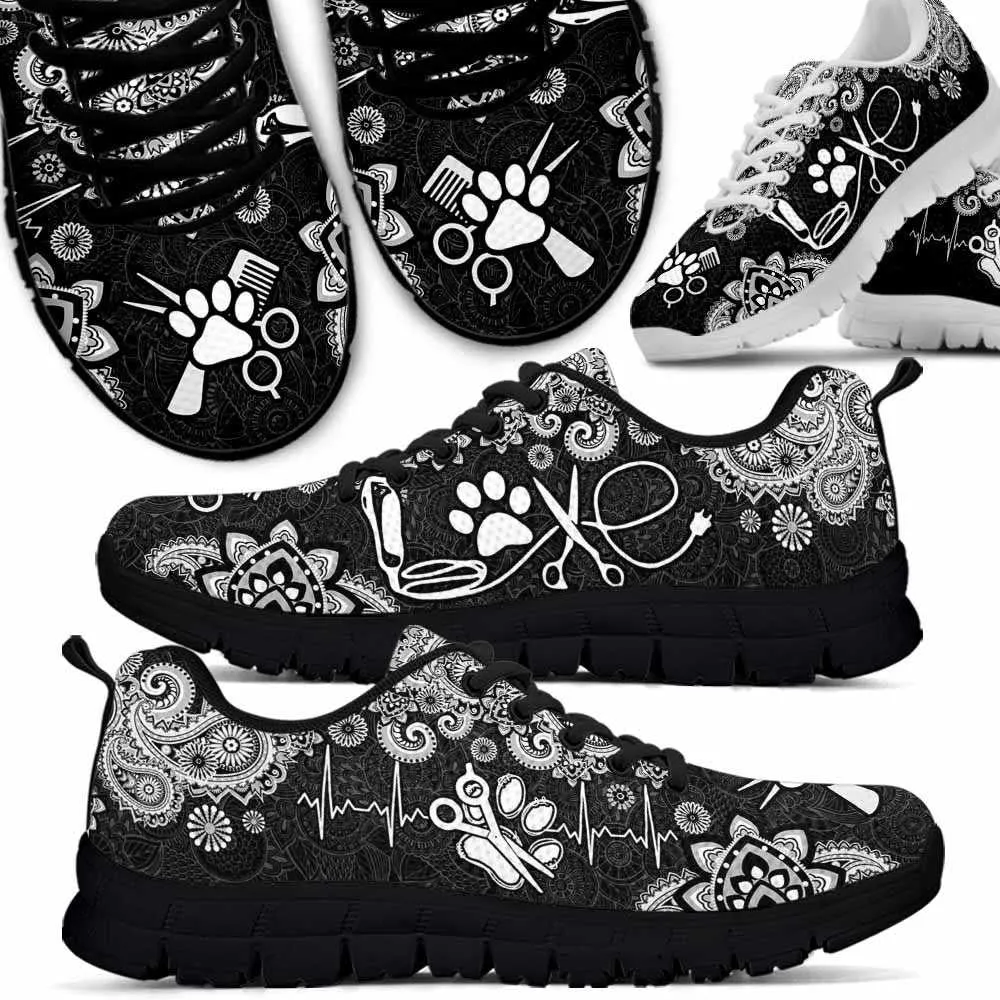 Dog Groomer Sneaker, Black White Mandala Dog Groomer Sneakers Shoes, Best Running Shoes, Unique Gifts For Dog Lovers