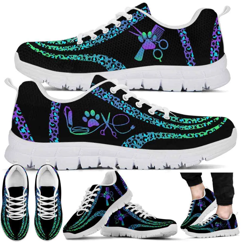 Dog Groomer Sneaker, Teal Purple Dog Groomer Leopard Line Love Paw Sneakers Shoes, Best Running Shoes, Unique Gifts For Dog Lovers