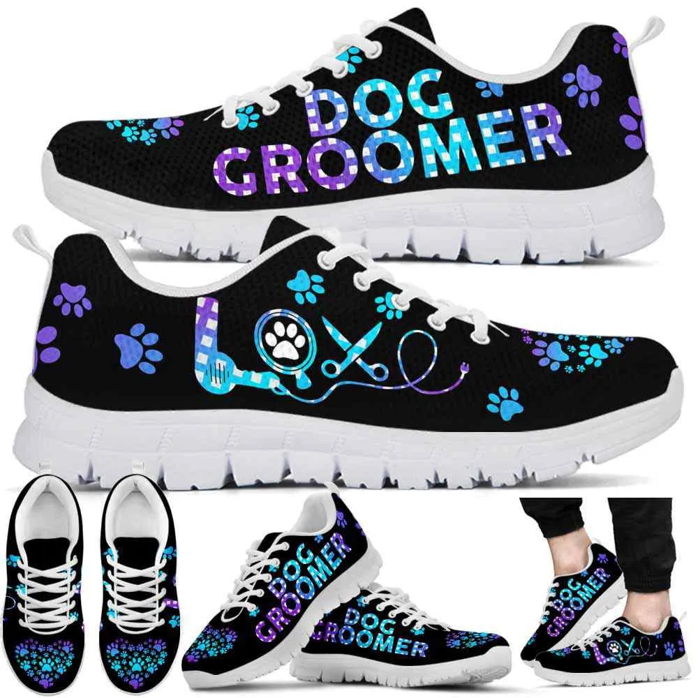 Dog Groomer Sneaker, Teal Purple Dog Groomer Love Caro Pattern Sneakers Shoes, Best Running Shoes, Unique Gifts For Dog Lovers