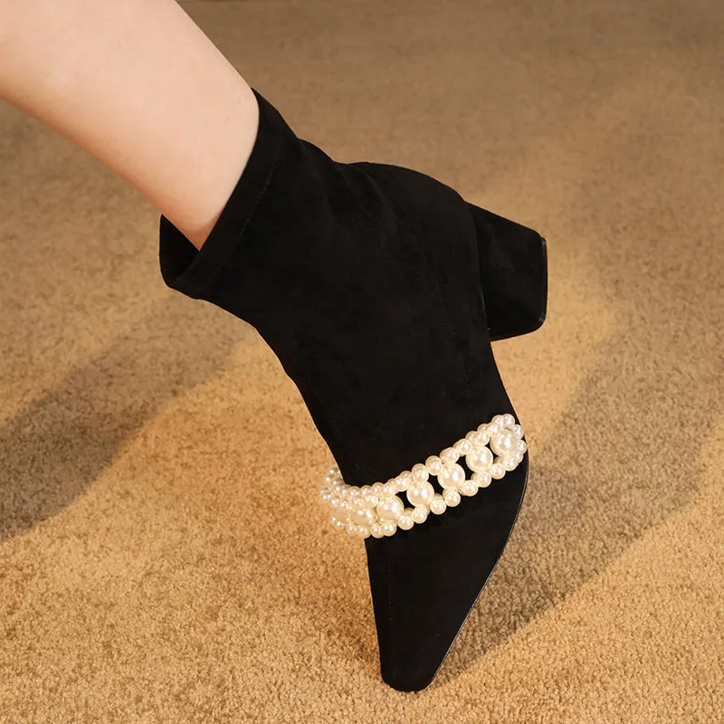 FEIFEI original design pointed short tube winter suede pearl elastic boots ankle boots- Botas