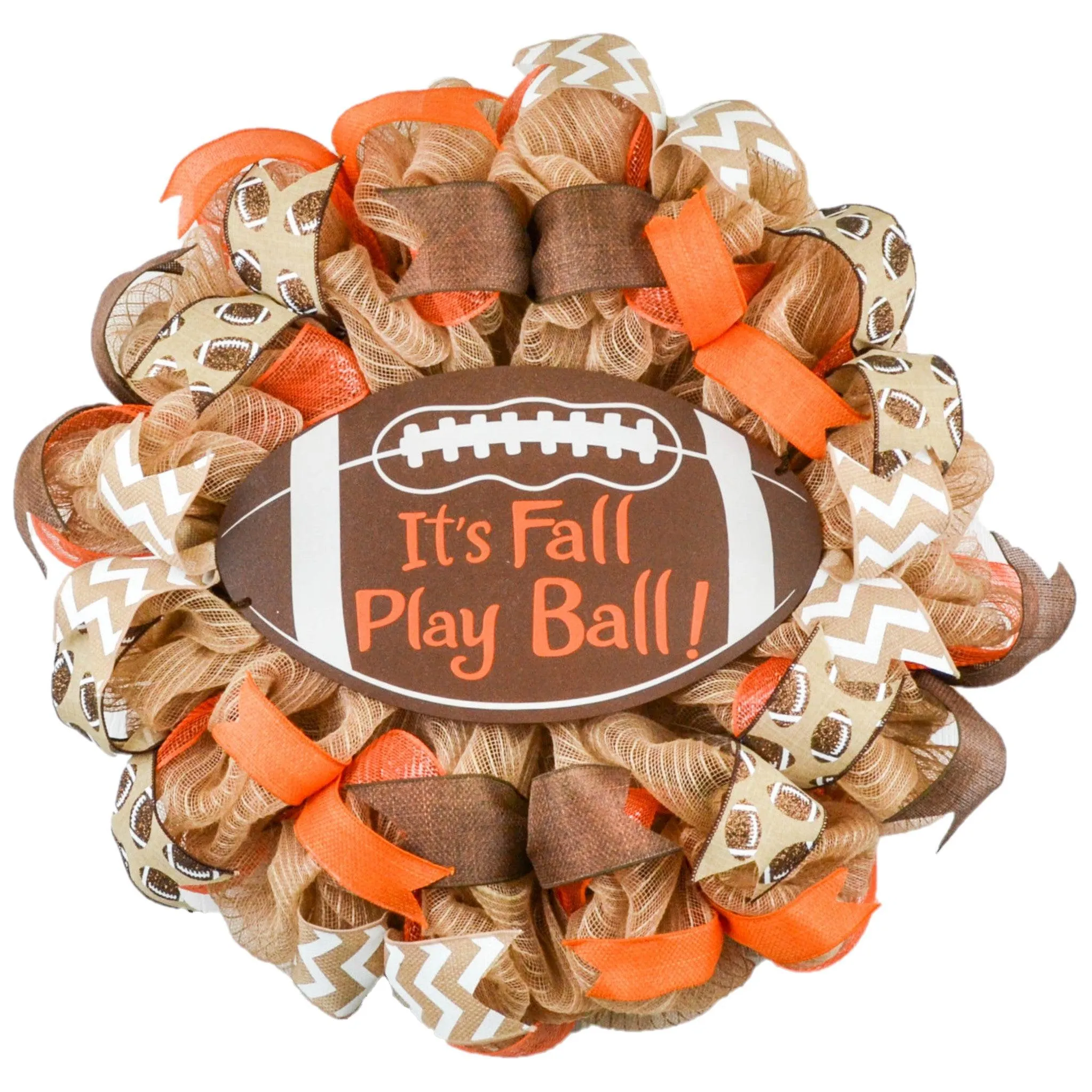 Football Its Fall Play Ball Deco Mesh Outdoor Front Door Wreath : Brown Orange Burlap Jute