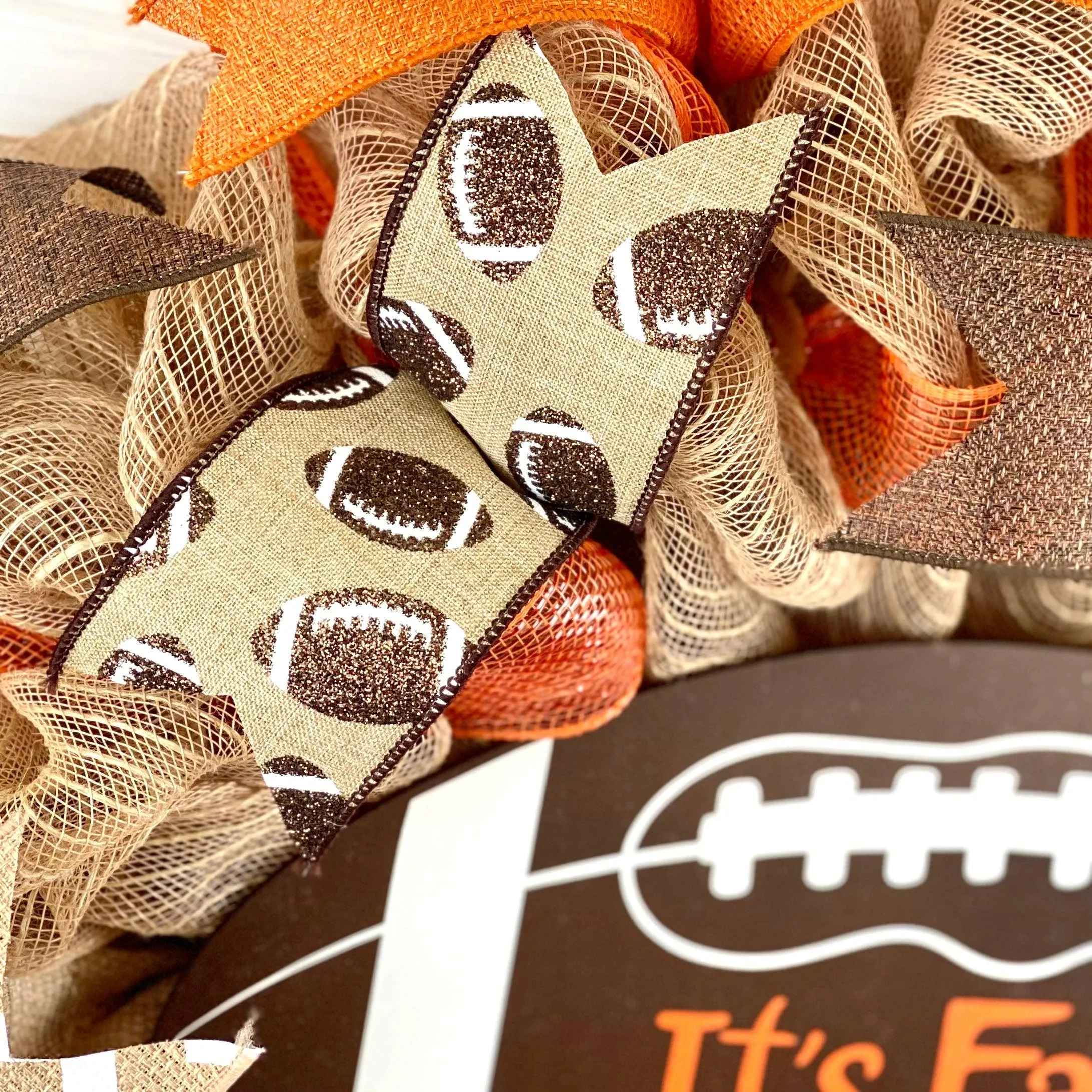 Football Its Fall Play Ball Deco Mesh Outdoor Front Door Wreath : Brown Orange Burlap Jute