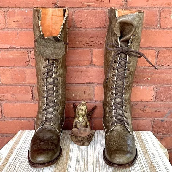 FRYE Vienna Lace Up Green Leather Tall Knee High Zippered Western Boots