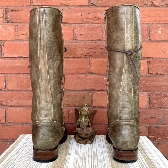 FRYE Vienna Lace Up Green Leather Tall Knee High Zippered Western Boots