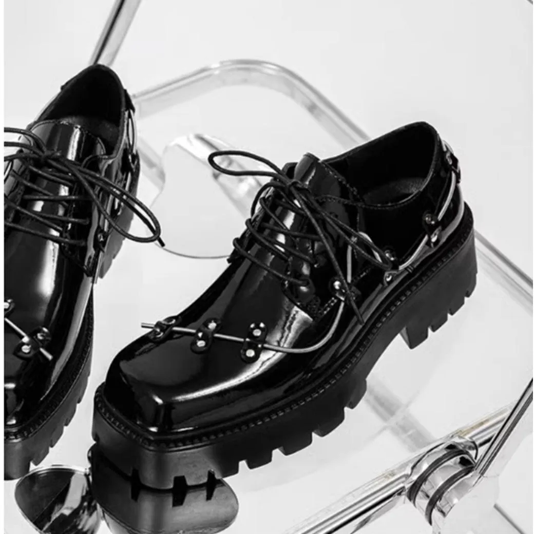 Full metal lace design black ankle platform sneaker boots  HL3048