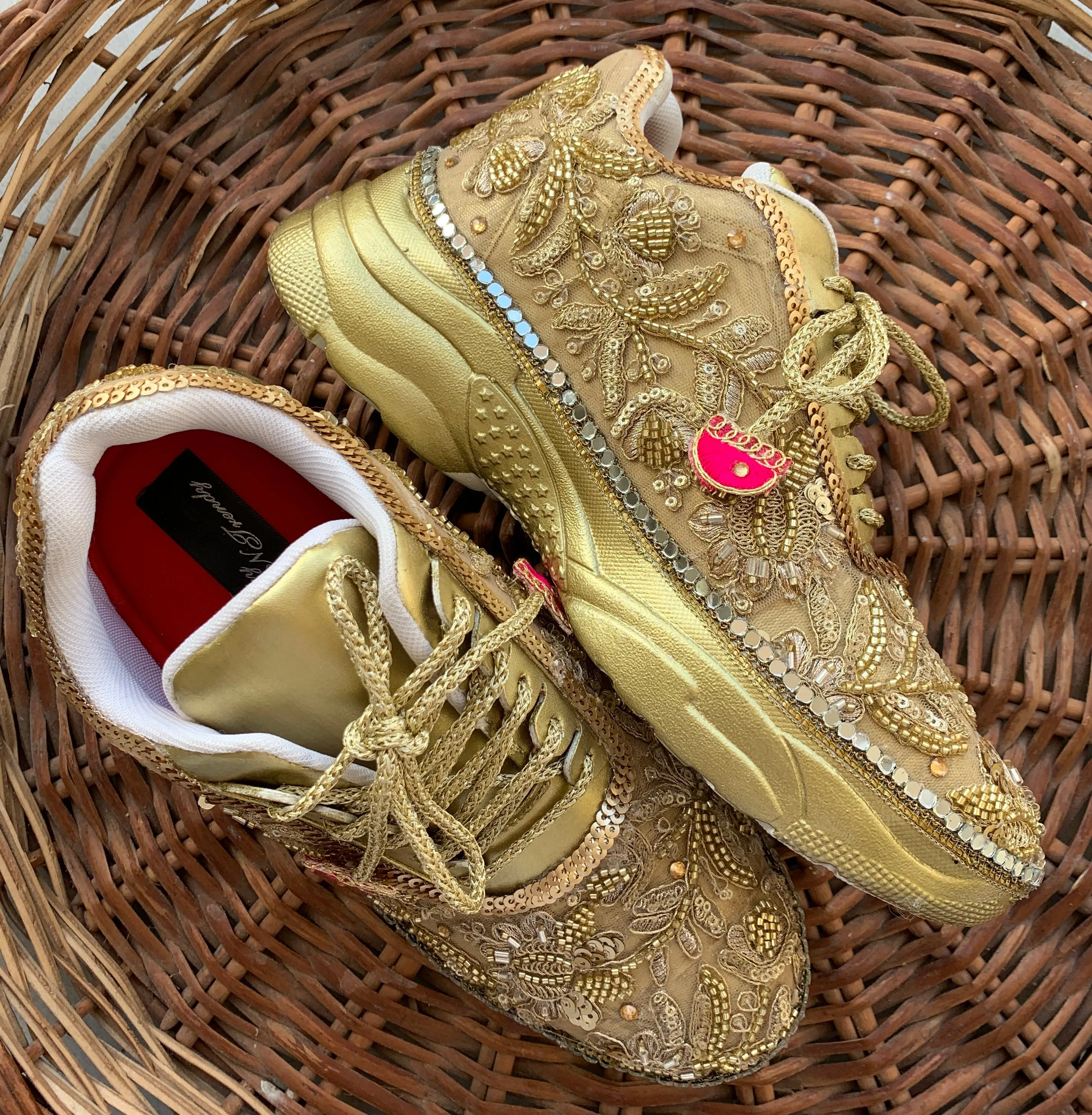 Funky N Trendy hand crafted golden bridal sneakers bridesmaid sneakers/ gold sneakers / golden sneakers / golden embroidery sneakers with tint of hot pink tassels