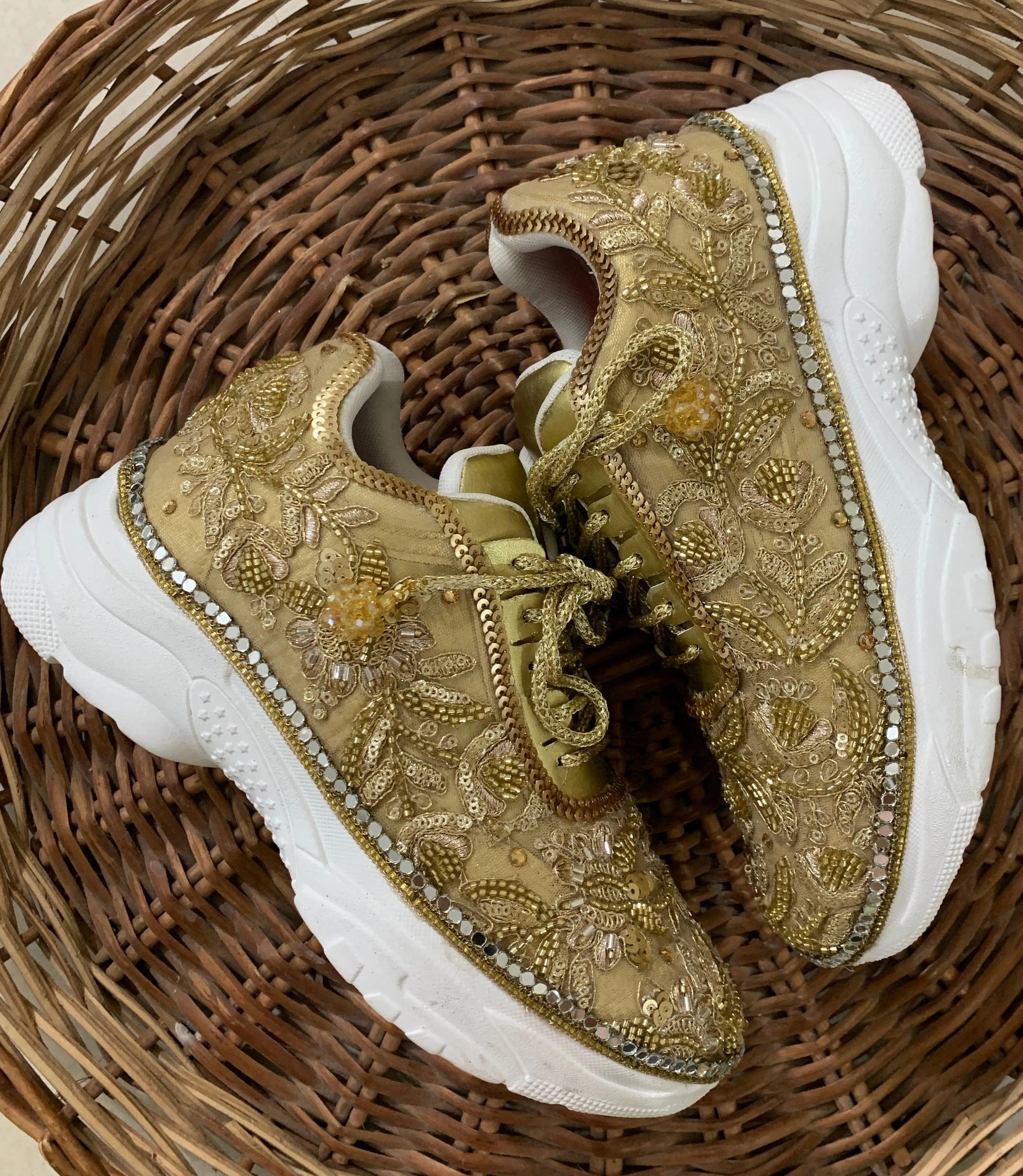 Funky N Trendy hand crafted golden bridal sneakers bridesmaid sneakers/ gold sneakers / golden sneakers / mirror sneakers/hand embroidered sneakers