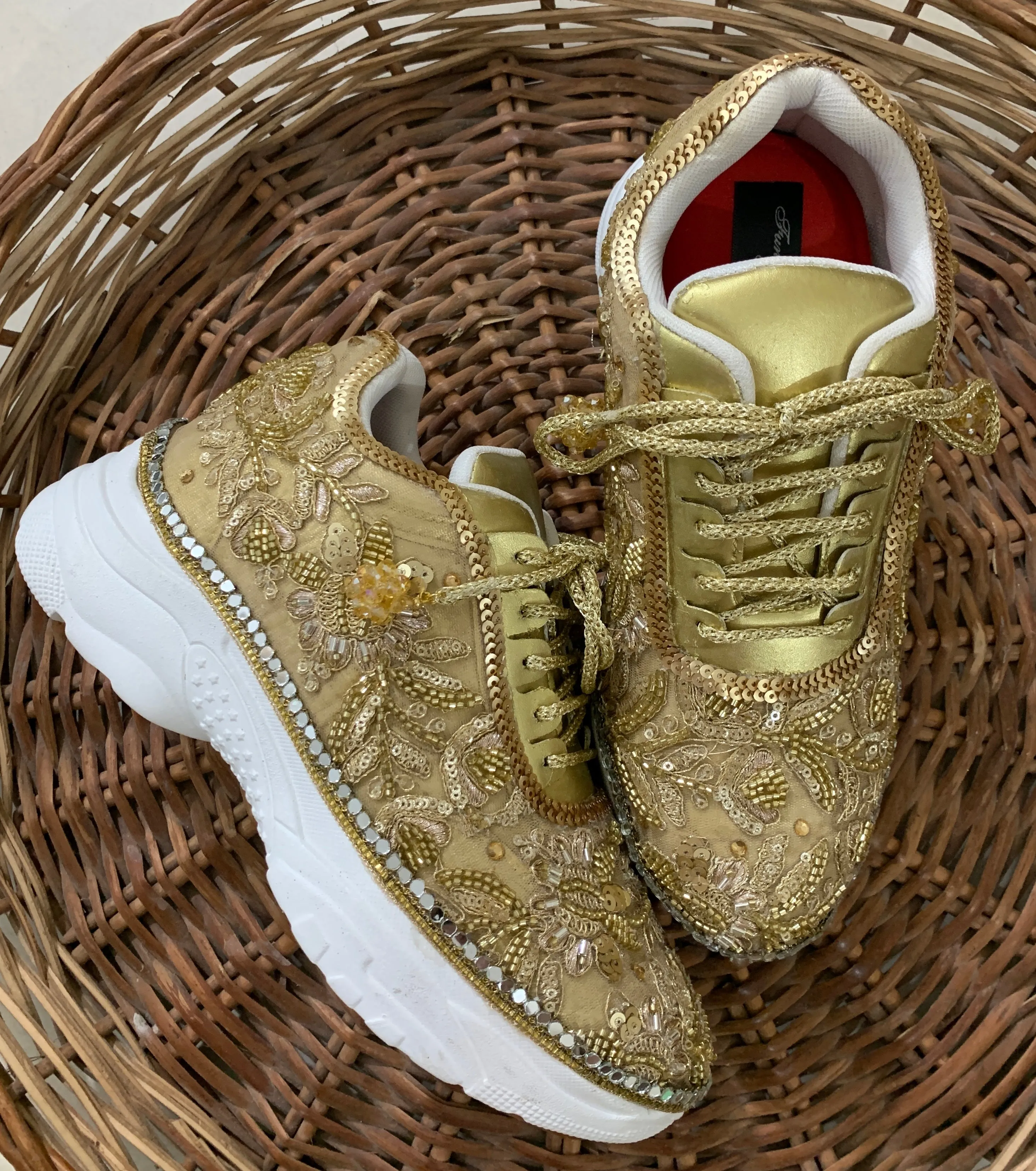 Funky N Trendy hand crafted golden bridal sneakers bridesmaid sneakers/ gold sneakers / golden sneakers / mirror sneakers/hand embroidered sneakers