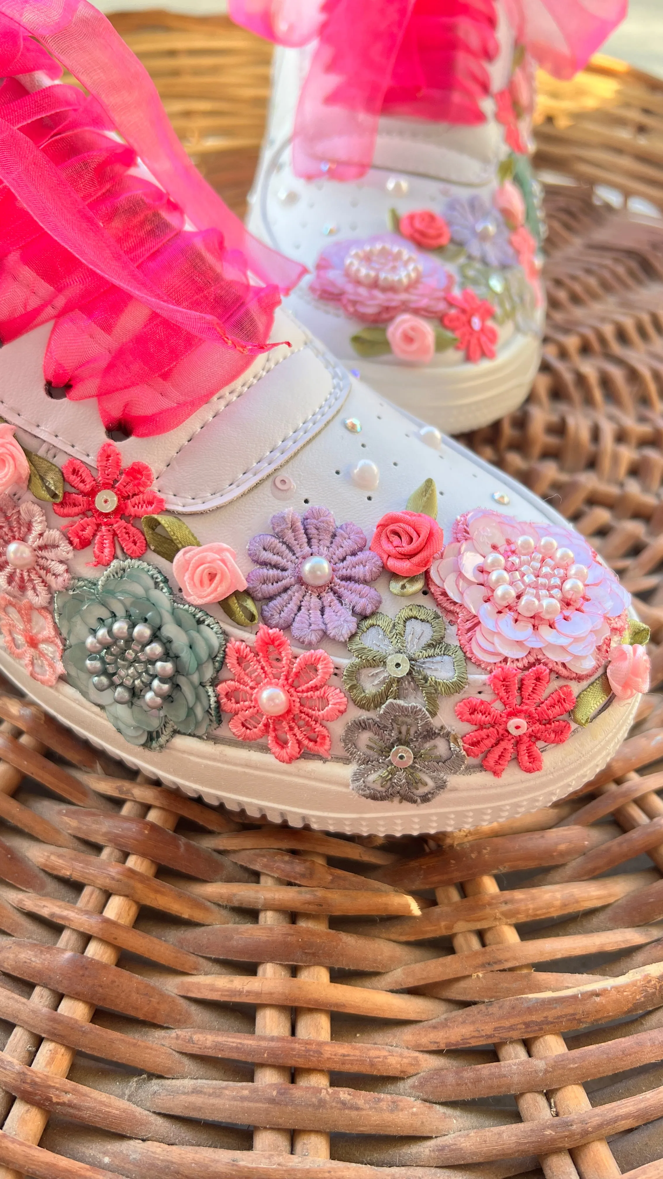 FUNKY N TRENDY hand embroidered floral work sneakers/ white sneakers /bridal shoes / bridal sneakers / floral sneakers/flower shoes /bridesmaid sneakers/ pink shoes / pink sneakers