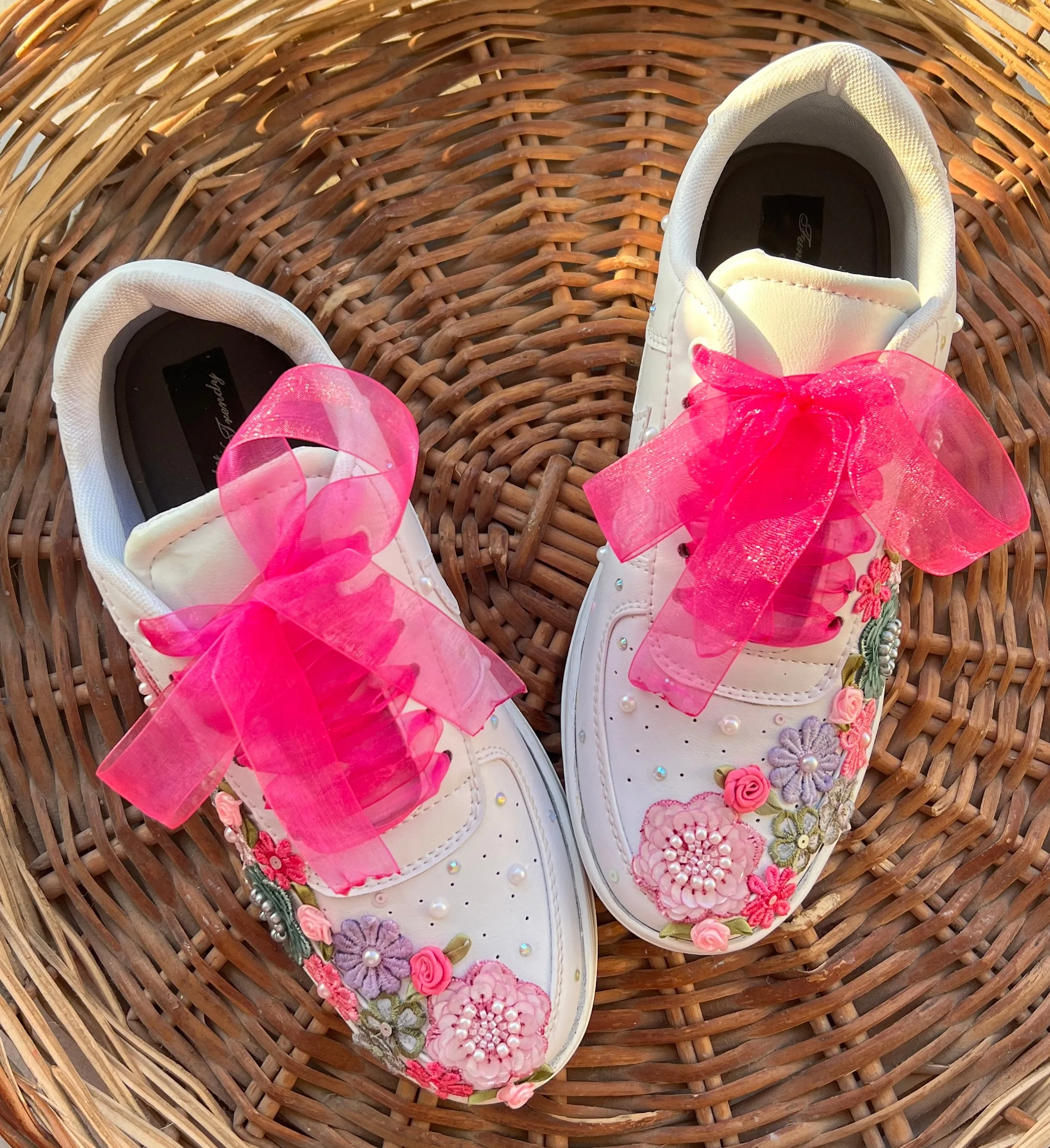 FUNKY N TRENDY hand embroidered floral work sneakers/ white sneakers /bridal shoes / bridal sneakers / floral sneakers/flower shoes /bridesmaid sneakers/ pink shoes / pink sneakers