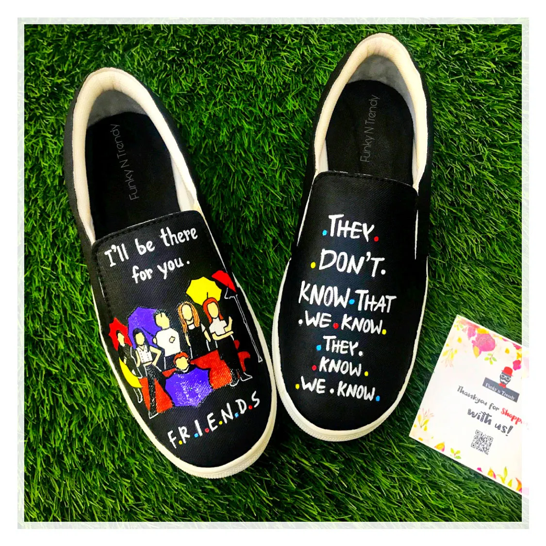 Funky N Trendy hand painted water resistant Friends TV show theme black shoes/ friends shoes / black shoes / funky shoes/ bff shoes