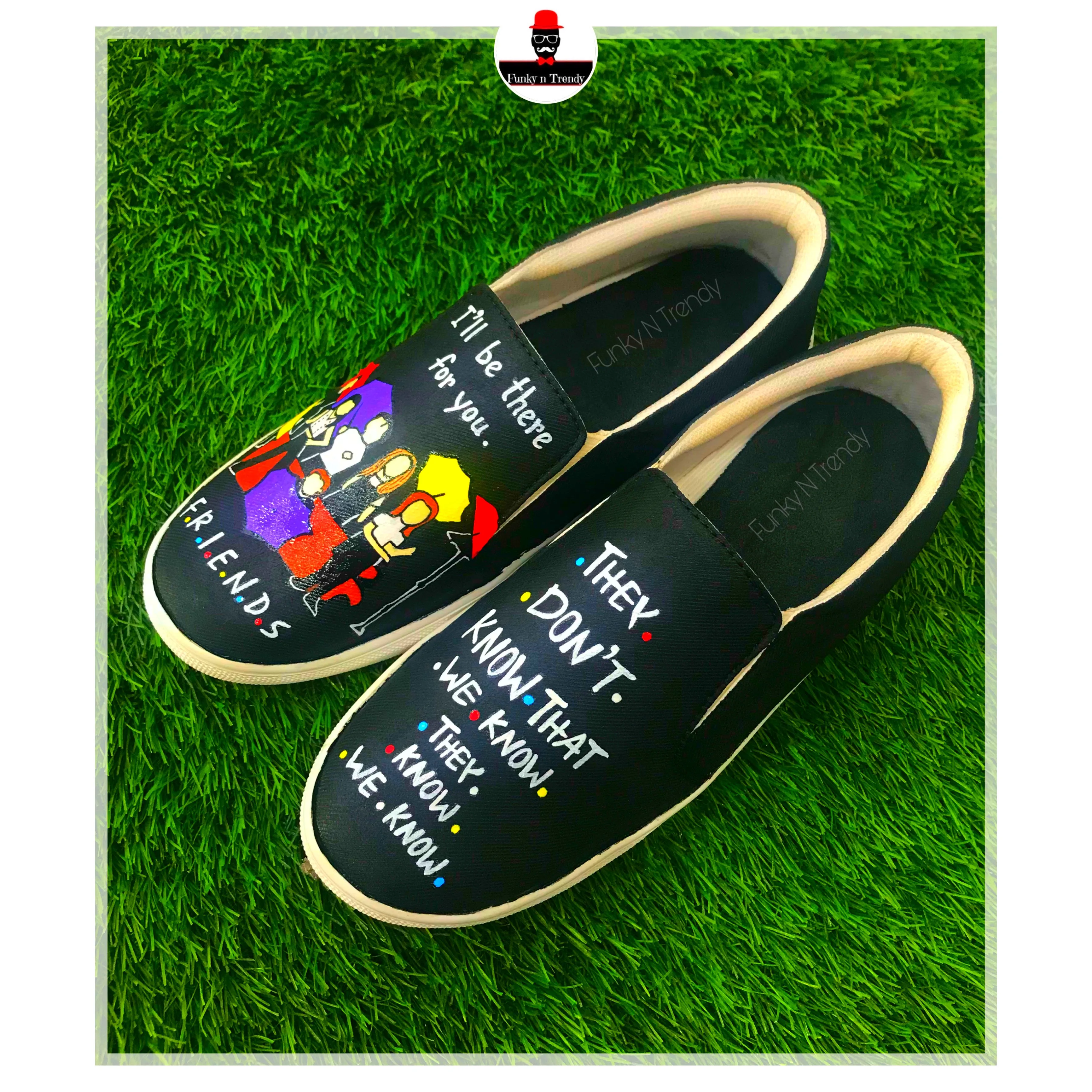 Funky N Trendy hand painted water resistant Friends TV show theme black shoes/ friends shoes / black shoes / funky shoes/ bff shoes