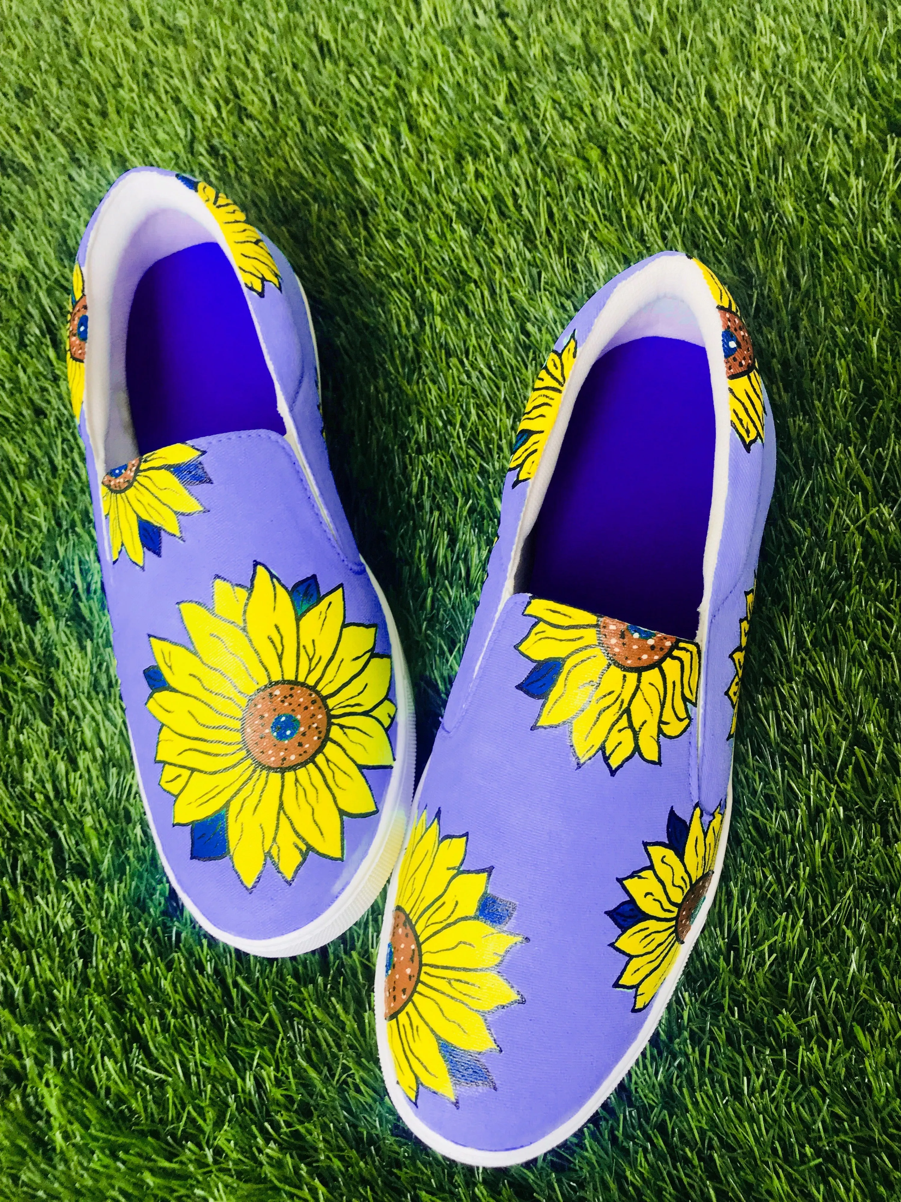 Funky N Trendy hand painted water resistant Sunflower slip on shoes/ handpainted shoes/ women shoes / funky shoes/ purple shoes / funky handpainted shoes