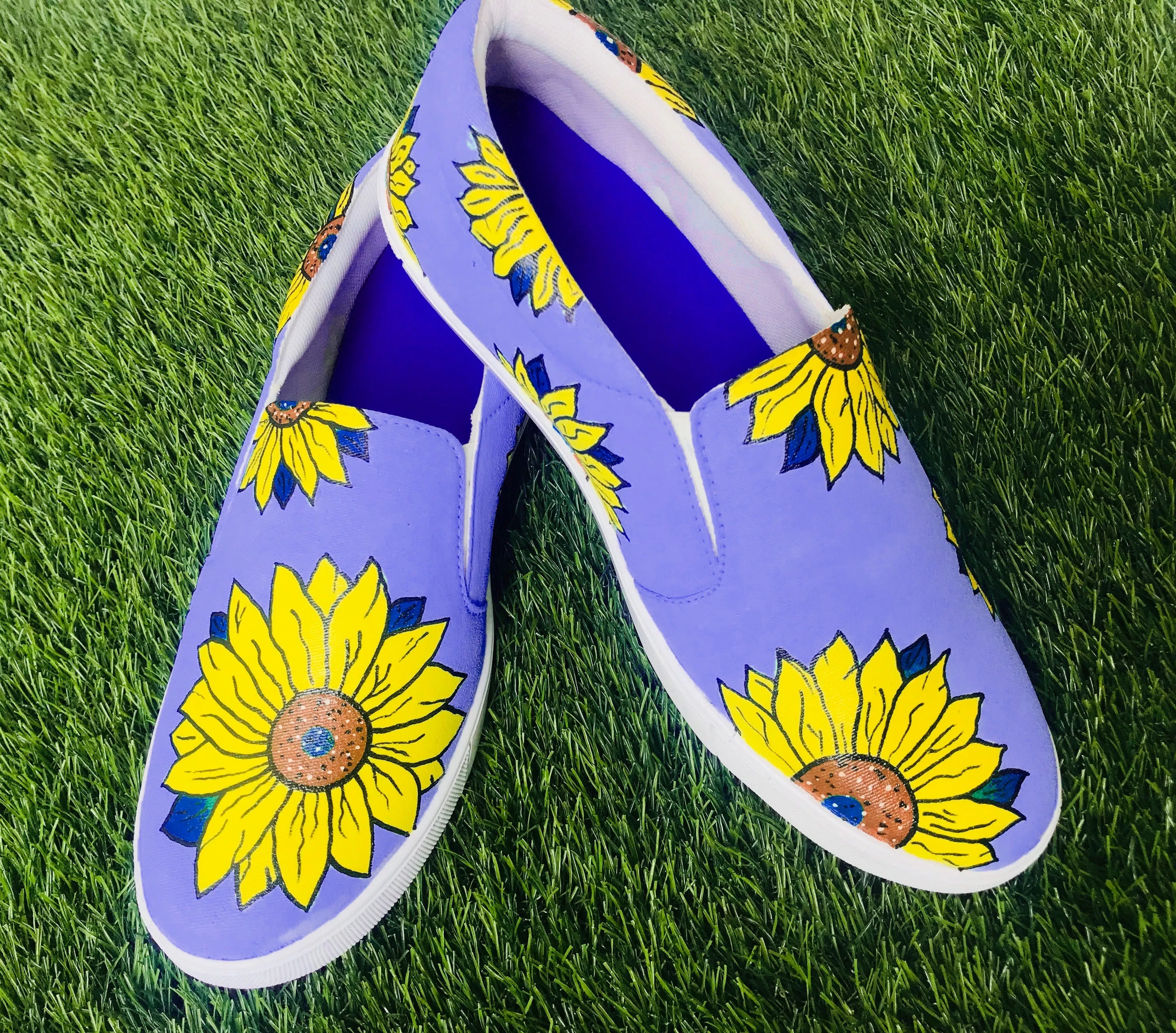 Funky N Trendy hand painted water resistant Sunflower slip on shoes/ handpainted shoes/ women shoes / funky shoes/ purple shoes / funky handpainted shoes