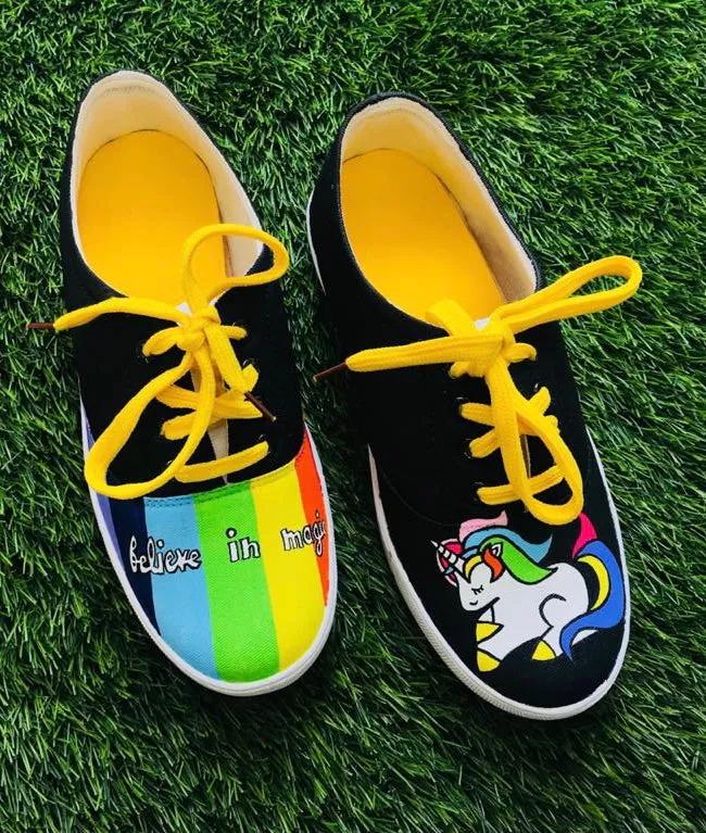 Funky N Trendy hand painted water resistant UNICORN theme black shoes