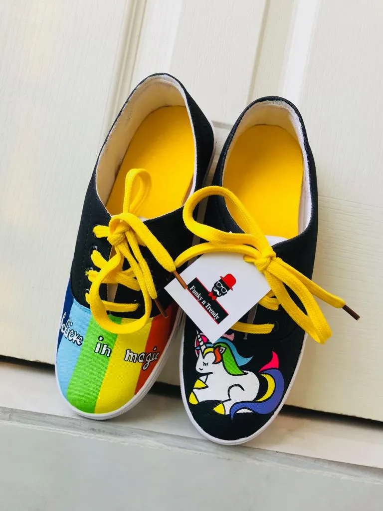 Funky N Trendy hand painted water resistant UNICORN theme black shoes