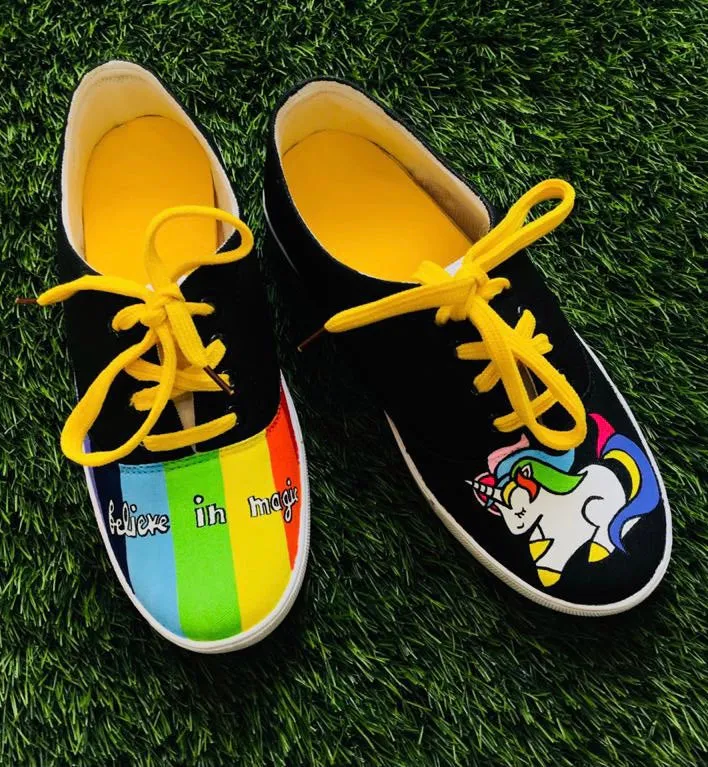 Funky N Trendy hand painted water resistant UNICORN theme black shoes