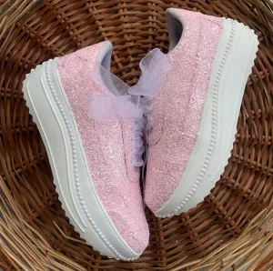 FUNKY N TRENDY pink glitter heeled sneakers with pearl detailing for brides /bridesmaids / sneakers for bridesmaids/ handcrafted sneakers/ glitter sneakers / bridal sneakers / bridesmaid sneakers/ pink sneakers / pink shoes