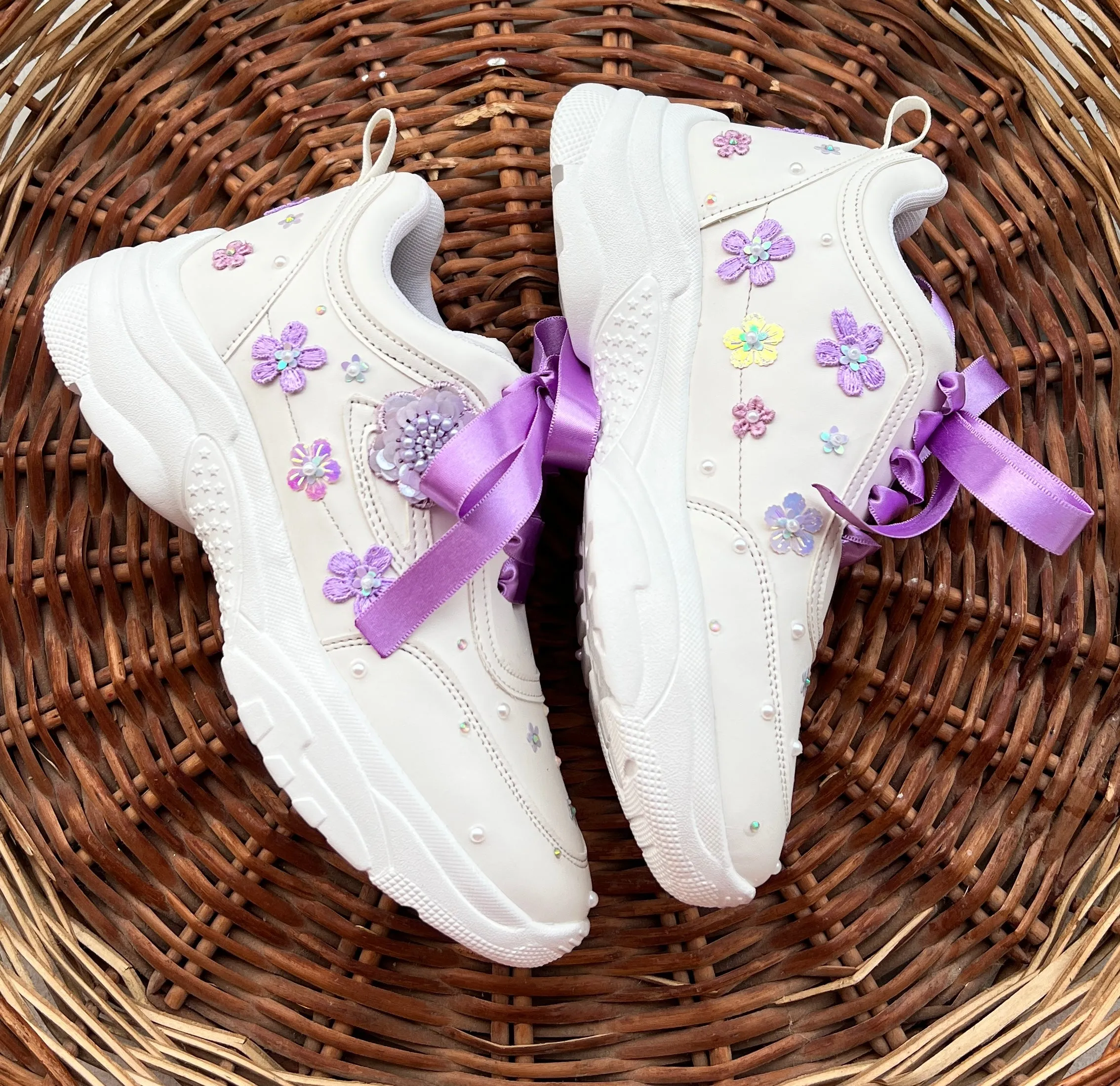 Funky N Trendy purple / lilac/ lavender embroidery floral work bridal sneakers/ bridesmaid sneaker / hancrafted sneakers / purple sneakers / white sneakers