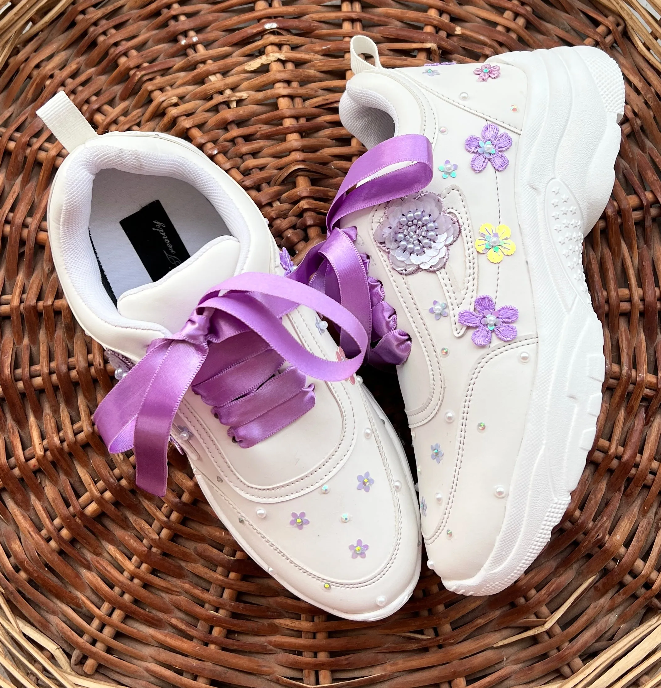 Funky N Trendy purple / lilac/ lavender embroidery floral work bridal sneakers/ bridesmaid sneaker / hancrafted sneakers / purple sneakers / white sneakers