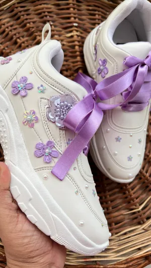 Funky N Trendy purple / lilac/ lavender embroidery floral work bridal sneakers/ bridesmaid sneaker / hancrafted sneakers / purple sneakers / white sneakers