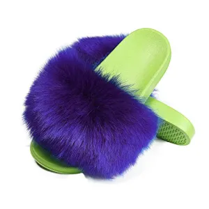 Fur Story ladies blue faux fur slippers, outdoor furry sandals