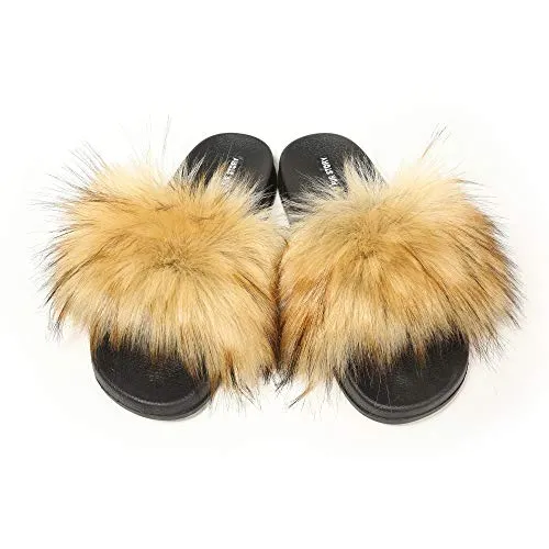 Fur Story ladies outdoor faux fur furry sandals (faux raccoon skin)