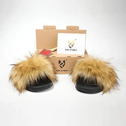 Fur Story ladies outdoor faux fur furry sandals (faux raccoon skin)