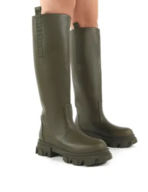 Genius Khaki Knee High Chunky Sole Boots