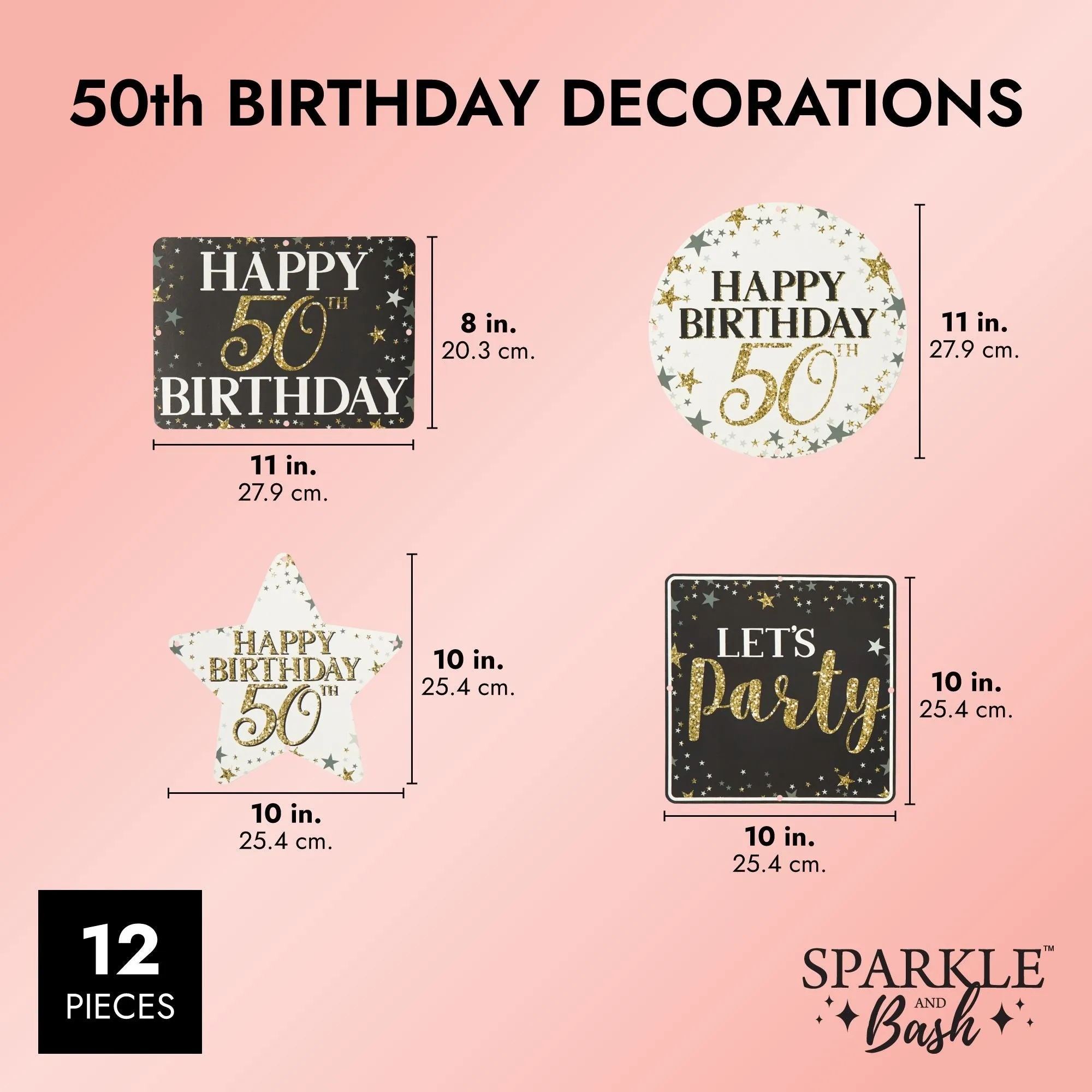 Glitter Party Signs for 50th Birthday Decorations for Men and Women (12 Pack)