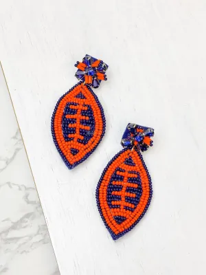 Glitzy Post Football Dangle Earrings - Navy Blue & Orange