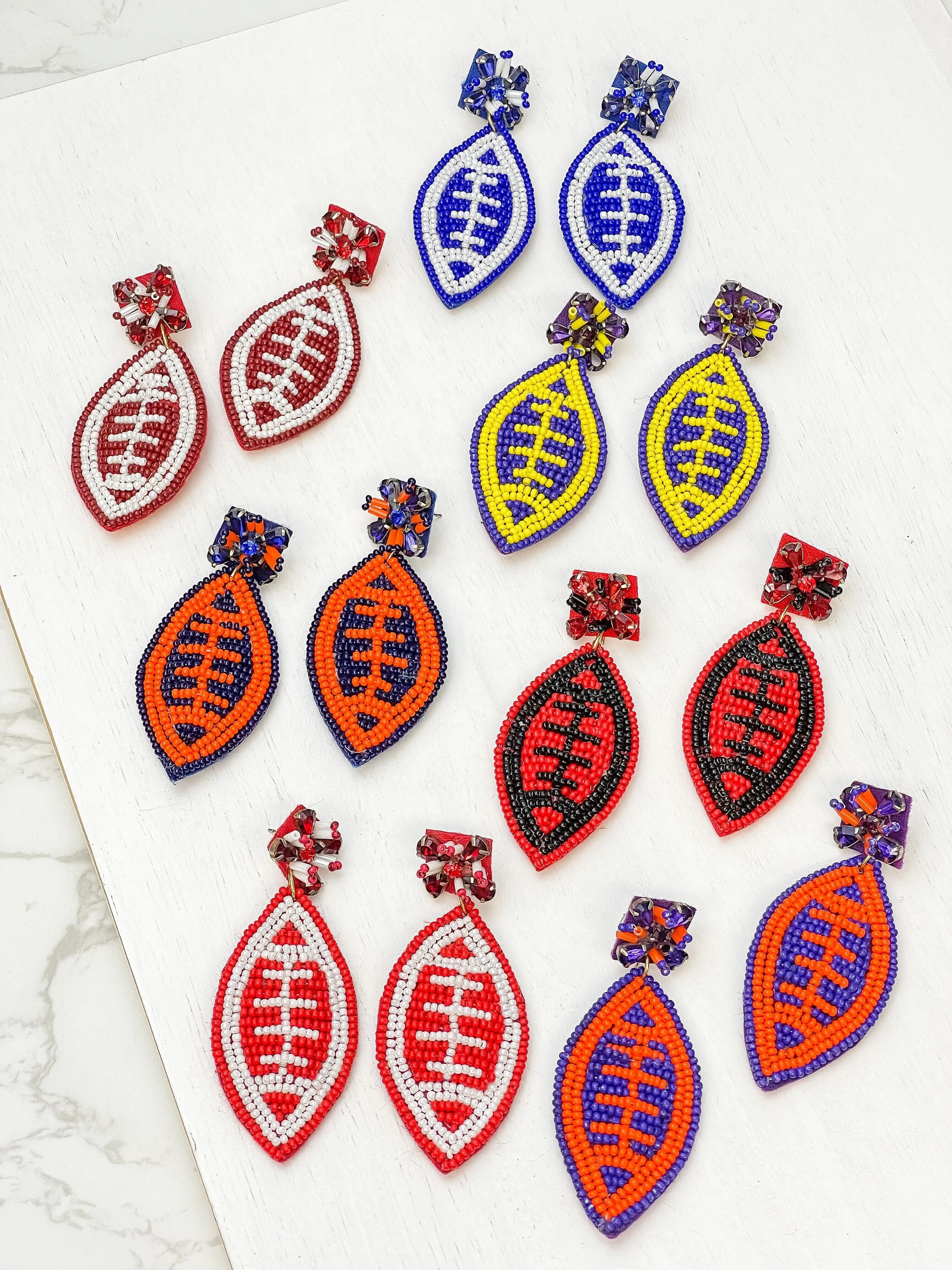 Glitzy Post Football Dangle Earrings - Navy Blue & Orange