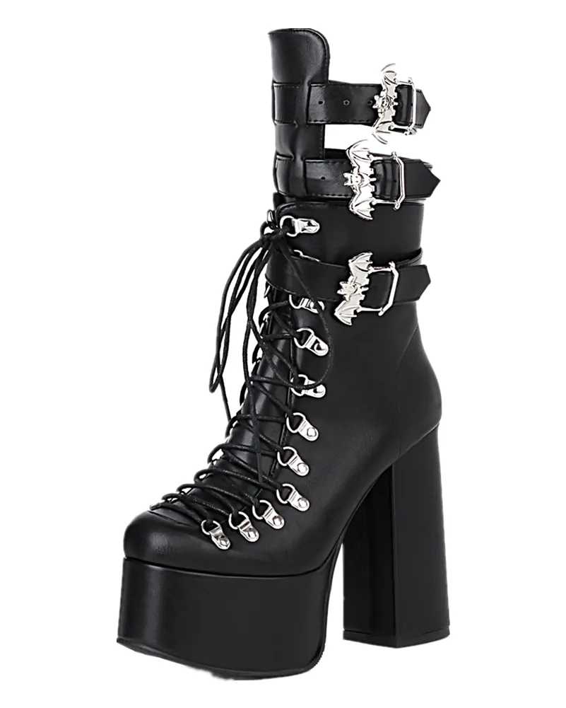 Gothic Buckle Strap Chunky Heel Short Boots