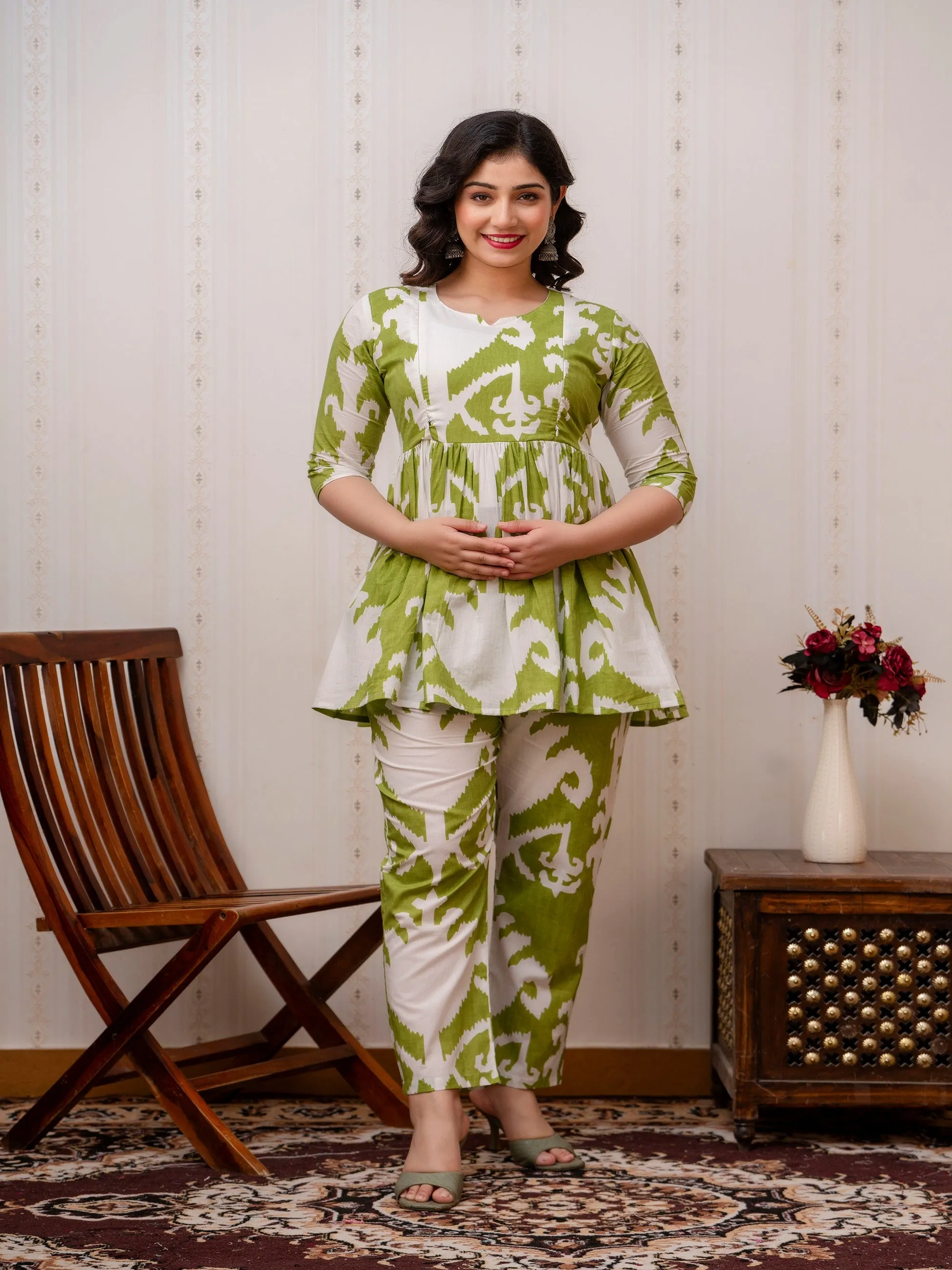 Green Pure Cotton Top and Pant Maternity Set