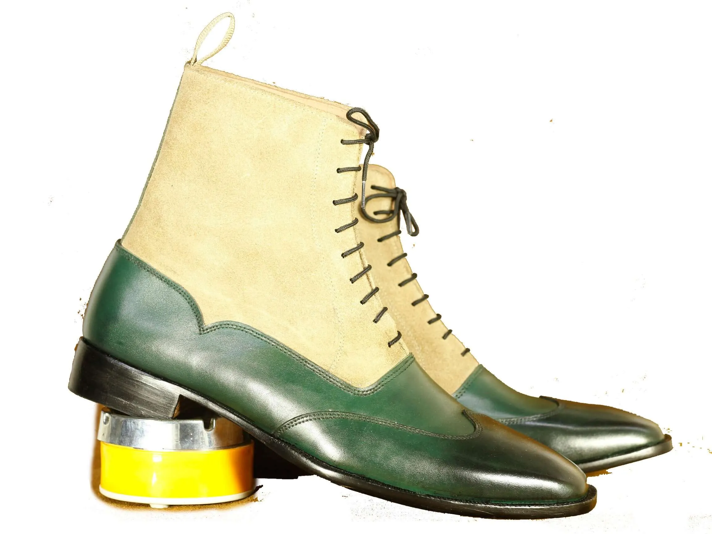 Handmade Beige Green Wing Tip Lace Up Boots for Men