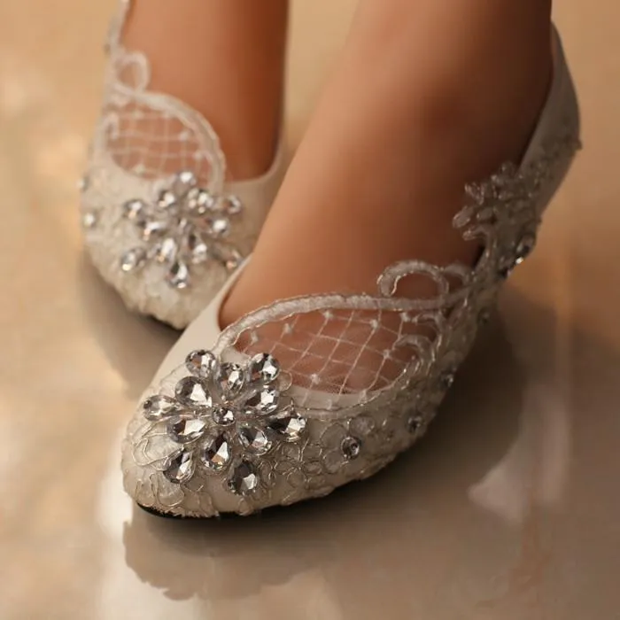 Handmade Middle Heels Pointed Toe Lace Crystal Wedding Bridal Shoes, S007