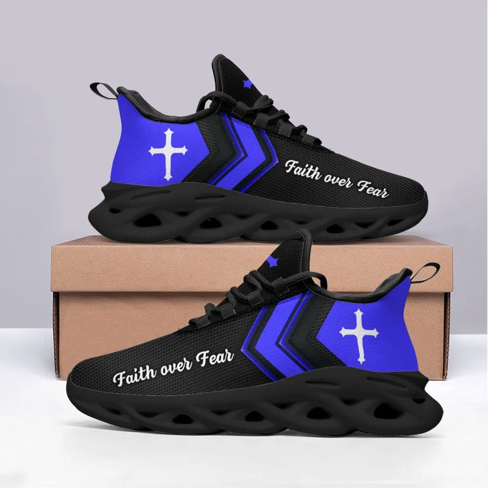 Jesus Faith Over Fear Running Sneakers Blue Black Max Soul Shoes - Christian Shoes For Men And Women