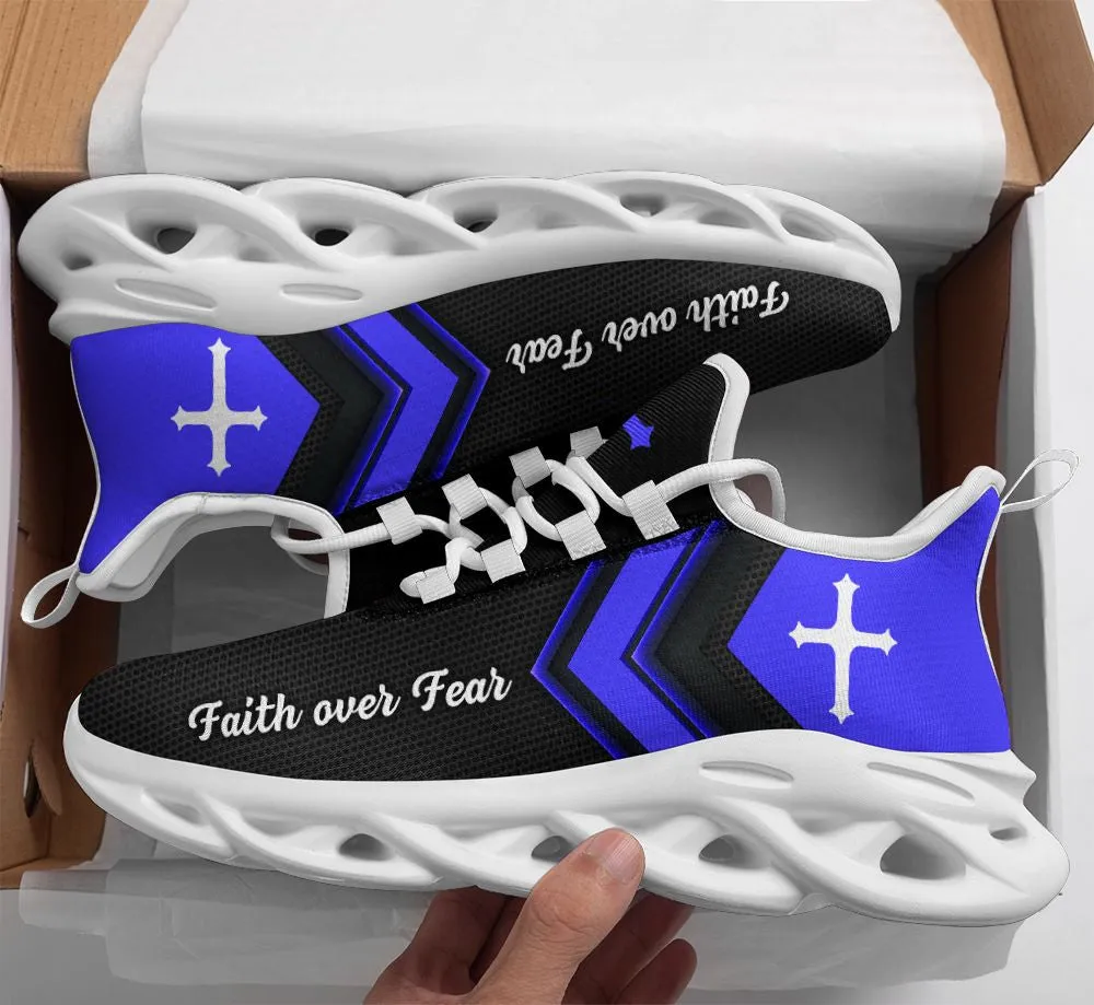 Jesus Faith Over Fear Running Sneakers Blue Black Max Soul Shoes - Christian Shoes For Men And Women