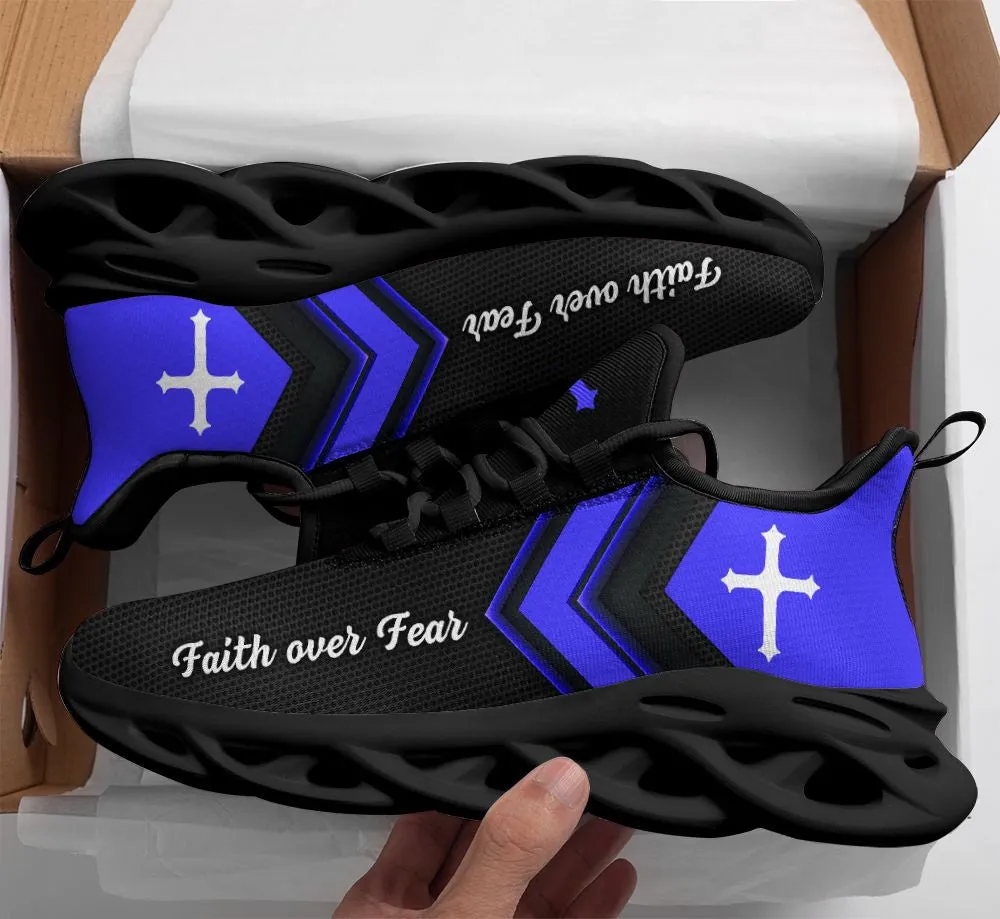 Jesus Faith Over Fear Running Sneakers Blue Black Max Soul Shoes - Christian Shoes For Men And Women