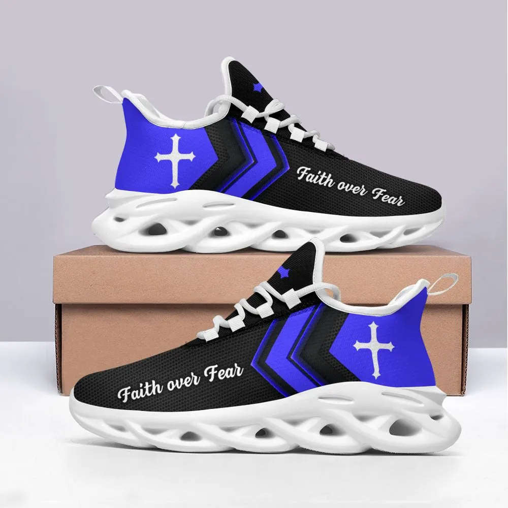 Jesus Faith Over Fear Running Sneakers Blue Black Max Soul Shoes - Christian Shoes For Men And Women