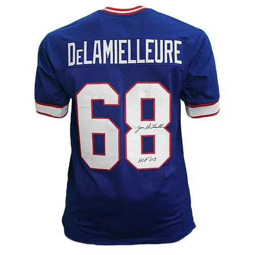 Joe DeLamielleure Autographed Pro Style Football Jersey Blue HOF 03 Inscription (JSA)