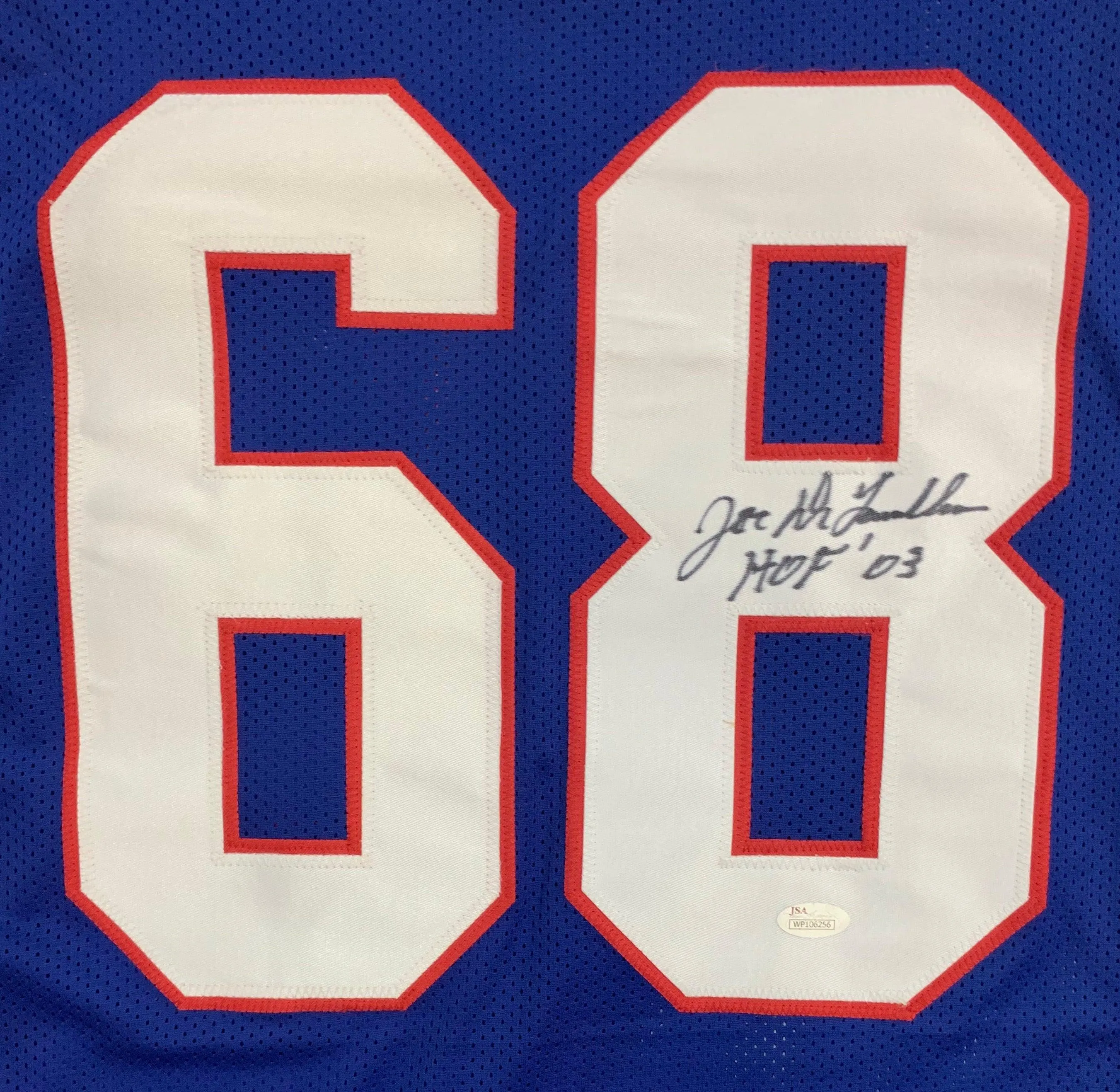 Joe DeLamielleure Autographed Pro Style Football Jersey Blue HOF 03 Inscription (JSA)