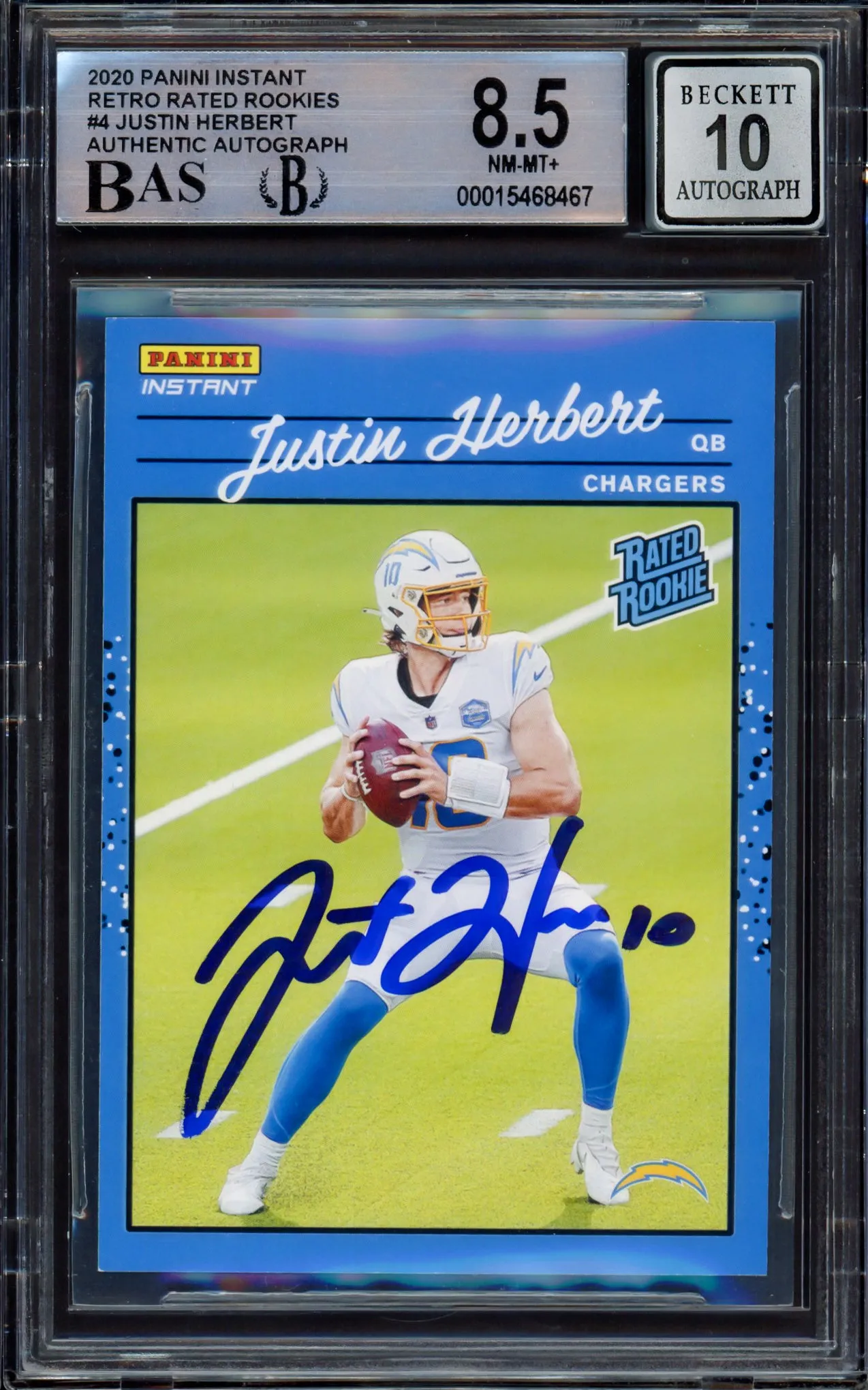 Justin Herbert Autographed 2020 Panini Instant Retro Rated Rookie Card #4 Los Angeles Chargers BGS 8.5 Auto Grade Gem Mint 10 #1/2044 Beckett BAS #15468467