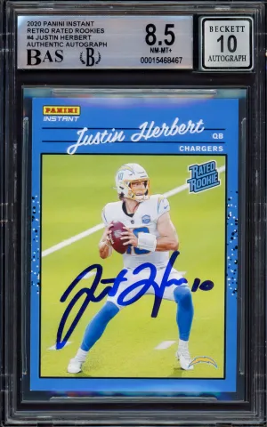 Justin Herbert Autographed 2020 Panini Instant Retro Rated Rookie Card #4 Los Angeles Chargers BGS 8.5 Auto Grade Gem Mint 10 #1/2044 Beckett BAS #15468467