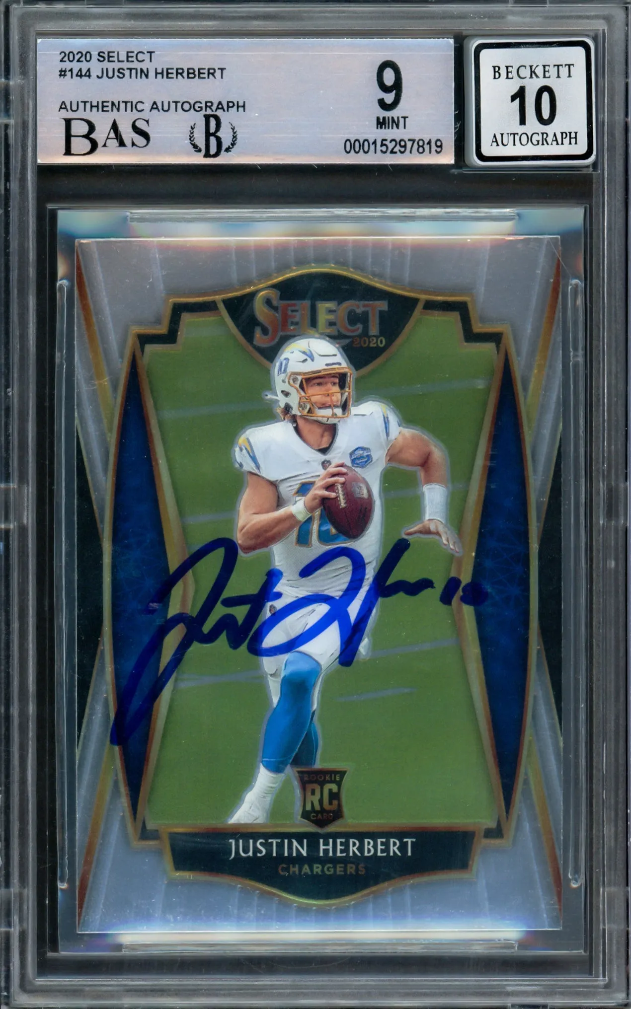 Justin Herbert Autographed 2020 Select Rookie Card #144 Los Angeles Chargers BGS 9 Auto Grade Gem Mint 10 Beckett BAS Stock #211834