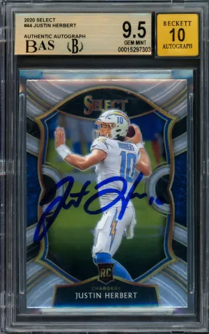 Justin Herbert Autographed 2020 Select Rookie Card #44 Los Angeles Chargers BGS 9.5 Auto Grade Gem Mint 10 Beckett BAS Stock #211831